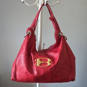 Braccialini Red Embossed Genuine Leather Hobo Shoulder Bag. Made In Italy